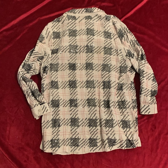 Vintage Cream Button Up Blouse with Red Grid + Black Sequin Pattern Size XL - Picture 5 of 8